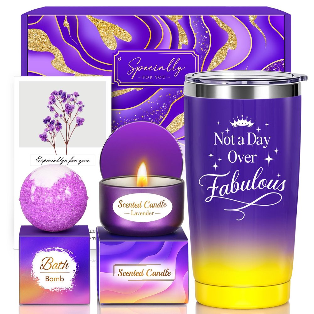 Valentines Day Birthday Gifts Set for Women Her Mom Wife Girlfriend Friend - Purple Self Care Spa Relaxation Gift Basket Set with Novelty Stainless Steel Coffee Tumbler, Lavender Candle, Bath Bomb