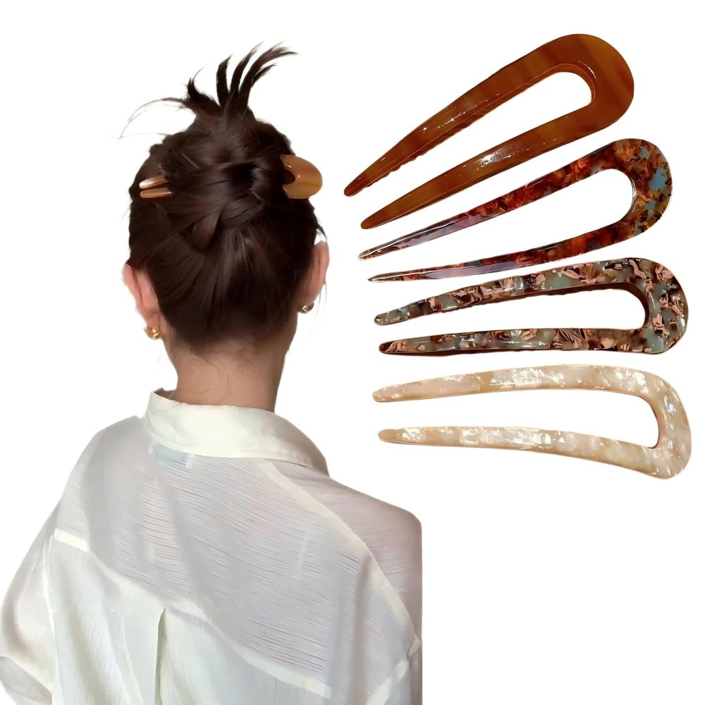 4-Pack Large French U-Shaped Hair Pins, Curved Retro Fork Sticks Suitable for Women's Hair Fork Twists Easy Management and Precise Styling 5.5inch (Dark Brown,Apricot Color,White,Brown)