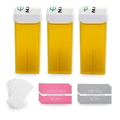3 Roll-on Natural Soft Wax Kit - 3.3 fl oz Each + Pre & After Wax Wipes + 100 Wax Strips - Complete Home Waxing Set