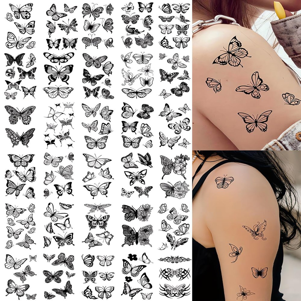 30sheets Black Butterfly Temporary Tattoos for Women Temporary Tattoos Waterproof Long Lasting Tattoos Stickers Sexy Fake Tattoo for Adults