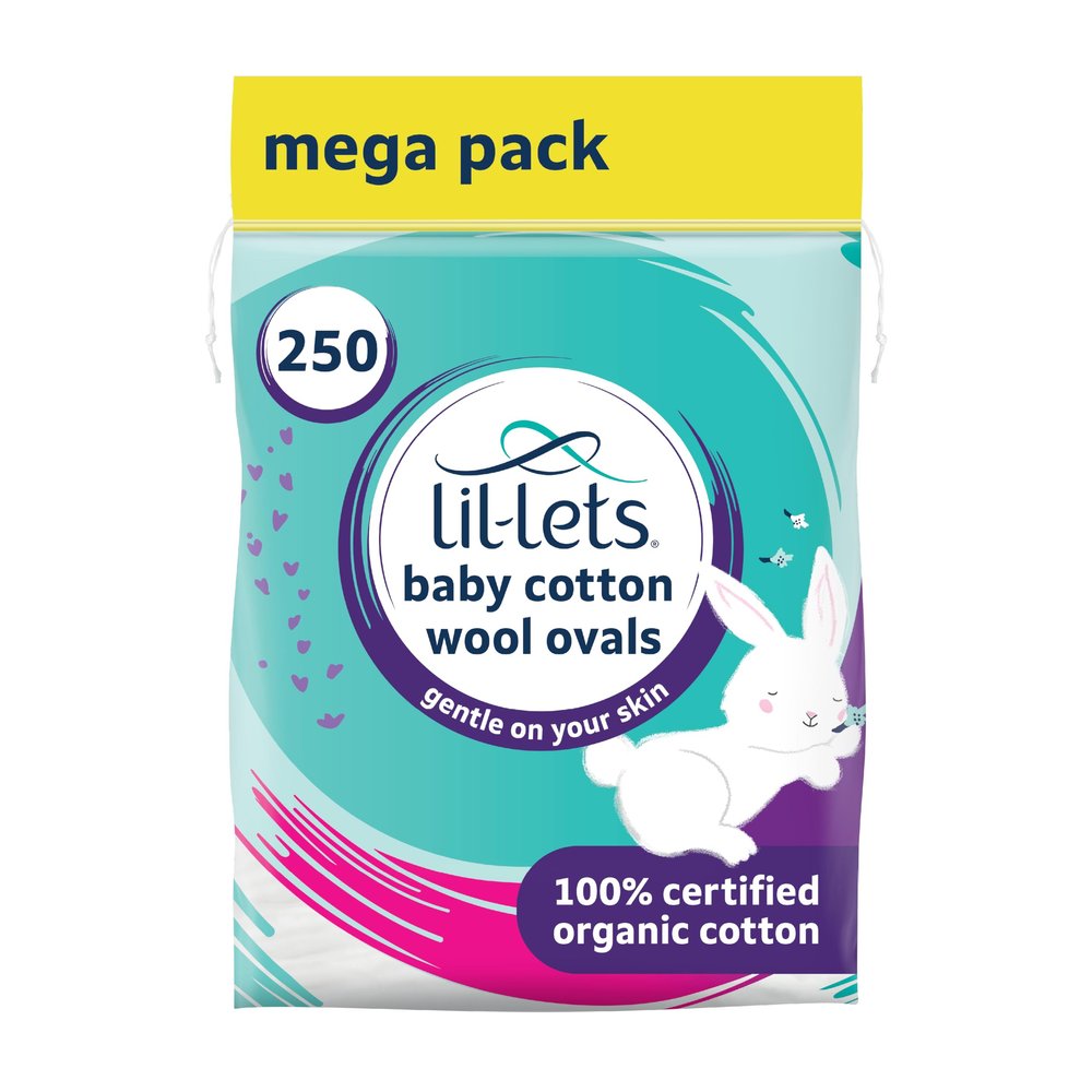 Lil-Lets Baby Cotton Wool Oval Pads, x 250 (5 Packs of 50 Ovals), Certified Organic, 100% Pure Cotton Wool, Soft and Absorbent, Gentle on Baby's Skin, Dermatologically Tested, Ideal for Newborns