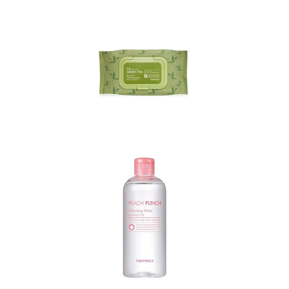 Bundle of TONYMOLY The Chok Chok Green Tea & Aloe Face Wipes, Hydrating & Moisturizing Facial Cleansing Wipes for All Skin Types, Korean Makeup Remover + Peach Punch Cleansing Water, 12 oz