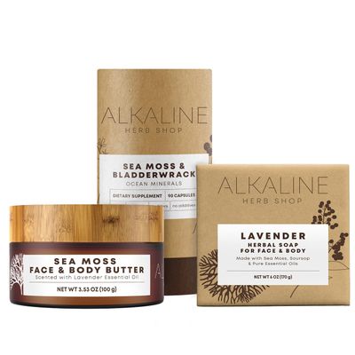 Alkaline Herb Shop - Sea Moss Body Glow Bundle - Sea Moss & Bladderwrack Supplement, Sea Moss Face & Body Butter, Sea Moss, Soursop, & Lavender Soap