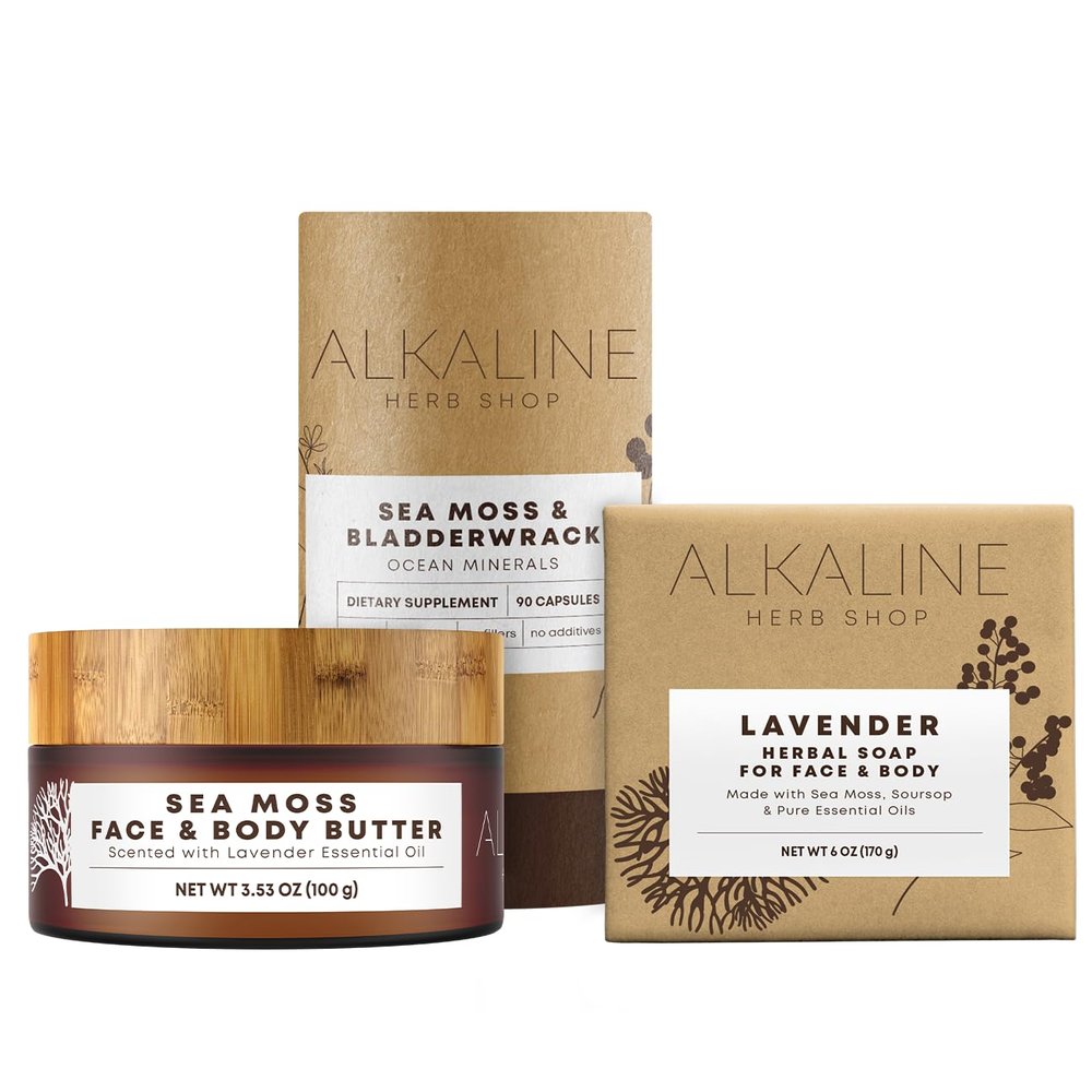 Alkaline Herb Shop - Sea Moss Body Glow Bundle - Sea Moss & Bladderwrack Supplement, Sea Moss Face & Body Butter, Sea Moss, Soursop, & Lavender Soap