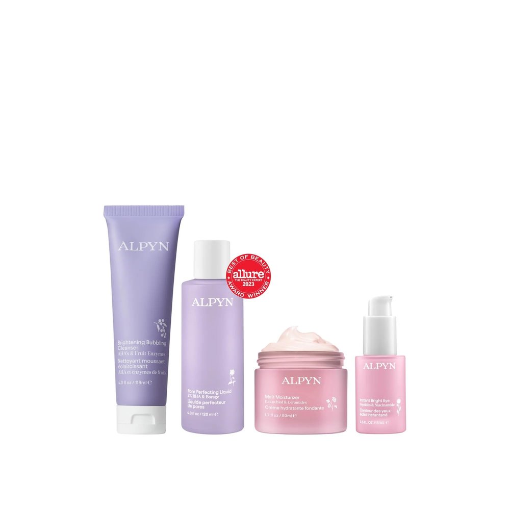 Alpyn Rise & Refine Routine: Bubbling Cleanser (4 Fl Oz) + Pore Perfecting Toner (4 Fl Oz) + Melt Moisturizer (1.7 Fl Oz) + Instant Bright Eye (0.5 Fl Oz)