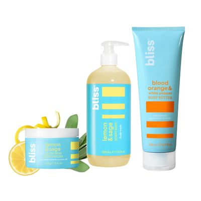 Bliss Body Summer Trio: Blood Orange and White Pepper Body Butter, Lemon and Sage Soapy Suds Body Wash and Satin-Skin Body Polish