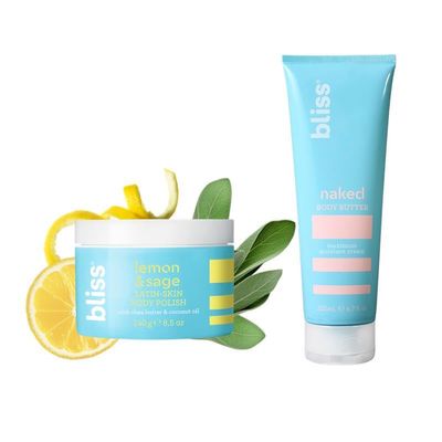 Bliss - Naked Body Butter - Unscented - Maximum Moisture Cream - 6.7 Fl Oz and Satin-Skin Body Polish - Lemon and Sage - Body Scrub with Shea Butter and Coconut Oil - 8.5 Oz