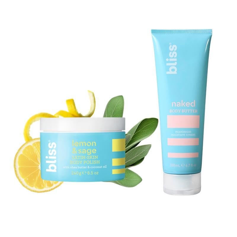 Bliss - Naked Body Butter - Unscented - Maximum Moisture Cream - 6.7 Fl Oz and Satin-Skin Body Polish - Lemon and Sage - Body Scrub with Shea Butter and Coconut Oil - 8.5 Oz