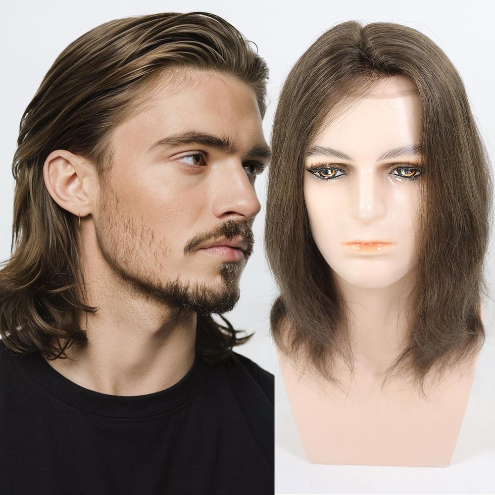 13inch Long Mens Hair Replacement System Human Hair Toupee for Men French Lace Front Male Hair Pieces Protesis Capilar Hombre 0.08mm Thin Skin Pu Single Knot Men's Hairpiece 8x10 Inch #4 Medium Brown