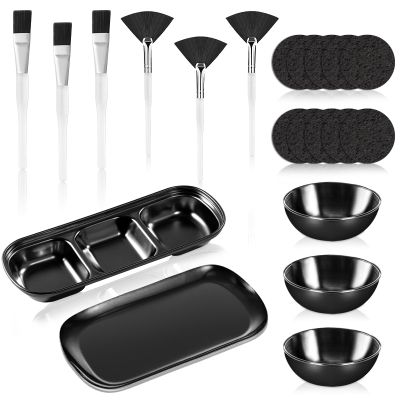 21 Pcs Black Esthetician Supplies 3 Stainless Steel Facial Mask Mixing Bowls 3 Fan Brushes Esthetician 3 Facial Flat Brushes Skincare Tray 3-Compartment Serving Tray 10 Round Compressed Facial Sponges