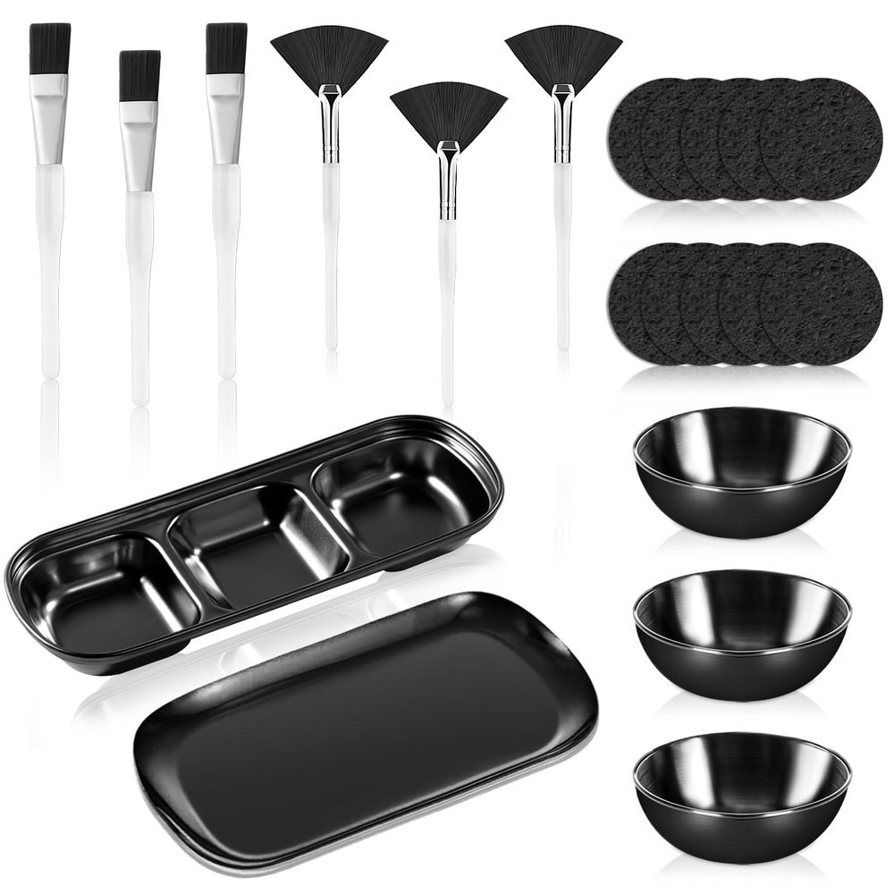 21 Pcs Black Esthetician Supplies 3 Stainless Steel Facial Mask Mixing Bowls 3 Fan Brushes Esthetician 3 Facial Flat Brushes Skincare Tray 3-Compartment Serving Tray 10 Round Compressed Facial Sponges