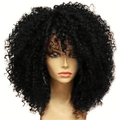 16 Inch Afro Kinky Curly Wig With Bangs Soft Fluffy Synthetic Hair For Women Black 16 Inch