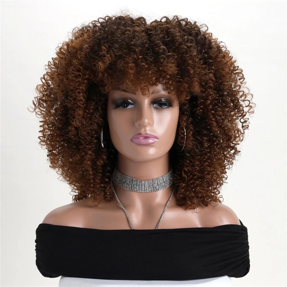 16 Inch Afro Kinky Curly Wig With Bangs Soft Fluffy Synthetic Hair For Women Brown 16 Inch