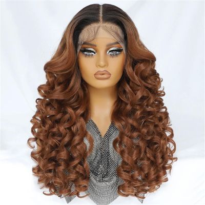 13X6 HD Lace Front Wig Synthetic Curly Pre Plucked With Baby Hair & Bangs For Women OT-30 24 Inch