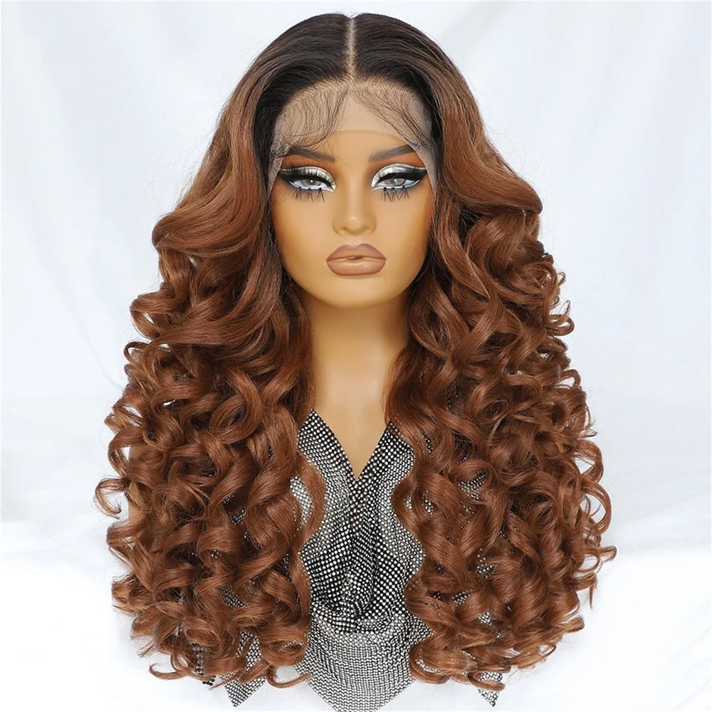 13X6 HD Lace Front Wig Synthetic Curly Pre Plucked With Baby Hair & Bangs For Women OT-30 24 Inch