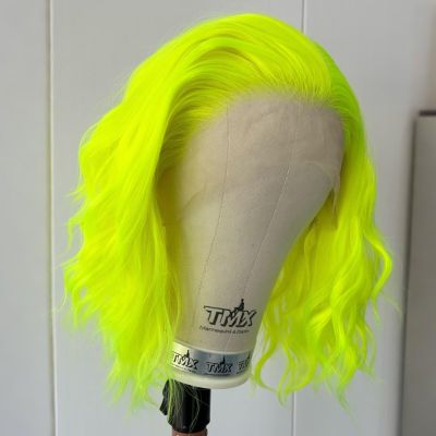 Imeya Neon Green Short Curly Bob Wigs for Women Free Part Pre Plucked Natural Hairline Synthetic Hair Loose Curly Wavy Green Bob Wig for Cosplay Costume Party