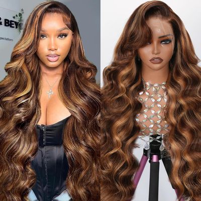 13x4 Full Lace Frontal Wig Highlight Ombre Honey Blonde Wig Human Hair Skinlike Swiss HD Lace Wig Pre plucked Bleached Knots with Natural Hairline 200% Density Glueless Body Wave Lace Front Wigs