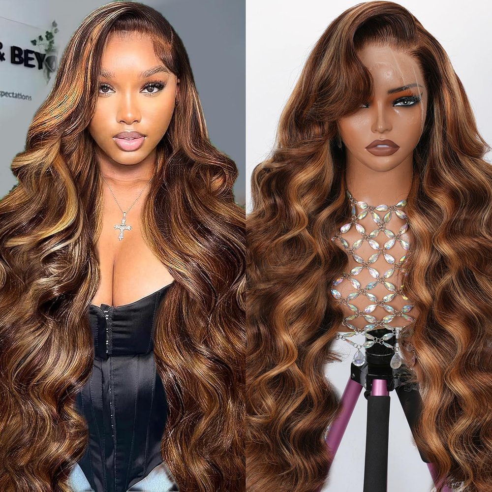 13x4 Full Lace Frontal Wig Highlight Ombre Honey Blonde Wig Human Hair Skinlike Swiss HD Lace Wig Pre plucked Bleached Knots with Natural Hairline 200% Density Glueless Body Wave Lace Front Wigs