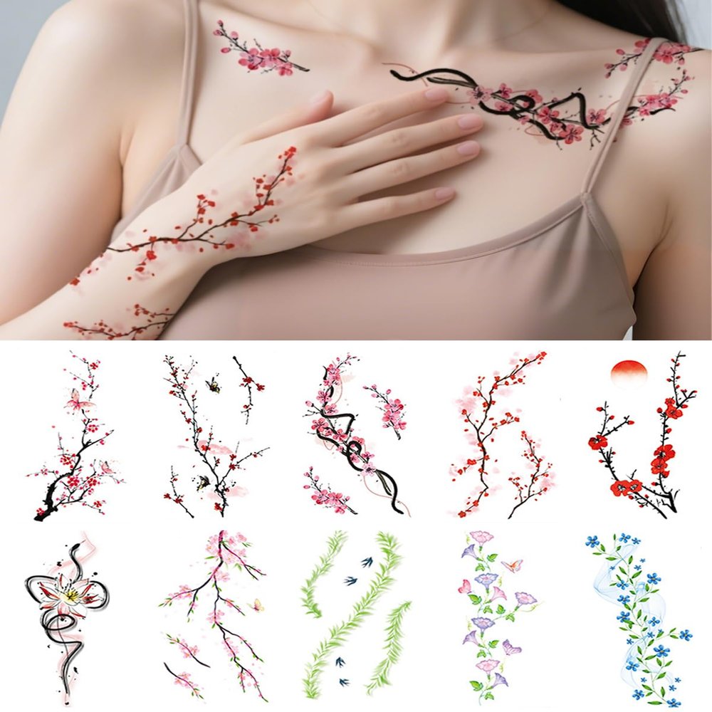 10 Sheets Flower Temporary Tattoos Floral Fake Tattoo Stickers Adult Floral Tattoo Sticker, Fake Tattoos That Look Real And Long Lasting Tattoo Sticker Waterproof Tattoos