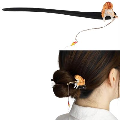 1 Pc Cute Cat Fishing Hairpin Sandalwood Tassel Hair Clip, 7.09Inch Long Hair Sticks, Shawl Hair Pins Retro Chinese Hair Stick