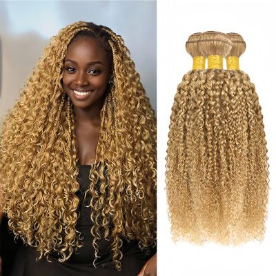 Honey Blonde Jerry Curly Bundles Color #27 Brazilian Hair 10 12 14 Inch 3 Bundles Double Weft Springy Bouncy Jerry Curly Extensions Soft and Full for Black Women