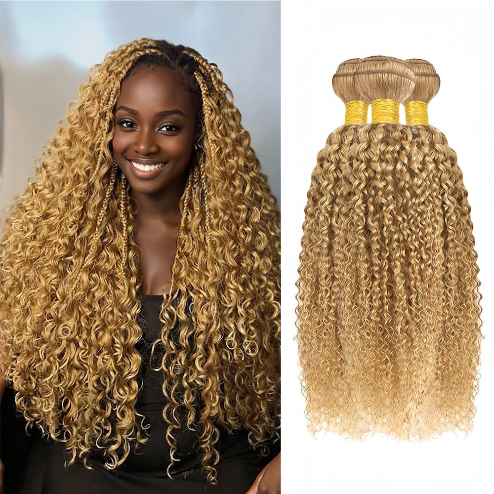 Honey Blonde Jerry Curly Bundles Color #27 Brazilian Hair 10 12 14 Inch 3 Bundles Double Weft Springy Bouncy Jerry Curly Extensions Soft and Full for Black Women