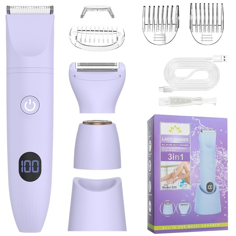 cjc 3-in-1 Electric Shaver for Women, Rechargeable Wet Dry Lady Electric Razor, Bikini Shaver for Legs Body Hair, Gift for Womens Bikini Trimmer IPX6 Waterproof Purple