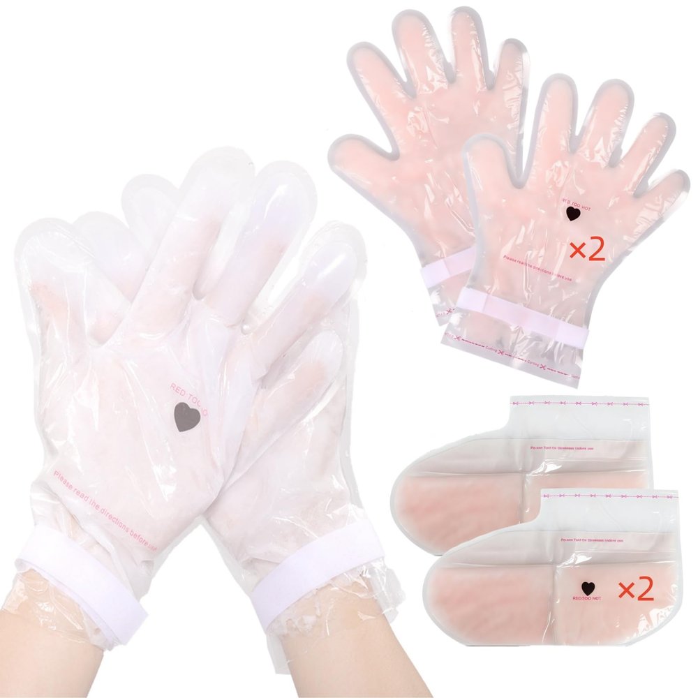 4 Pairs Paraffin Wax Gloves & Socks Set - Rose Scented at-Home Spa Intensive Moisturizing Therapy, Autumn Winter Night Care for Dry Cracked Rough Skin, Hand Foot Deep Hydration Softening Treatment
