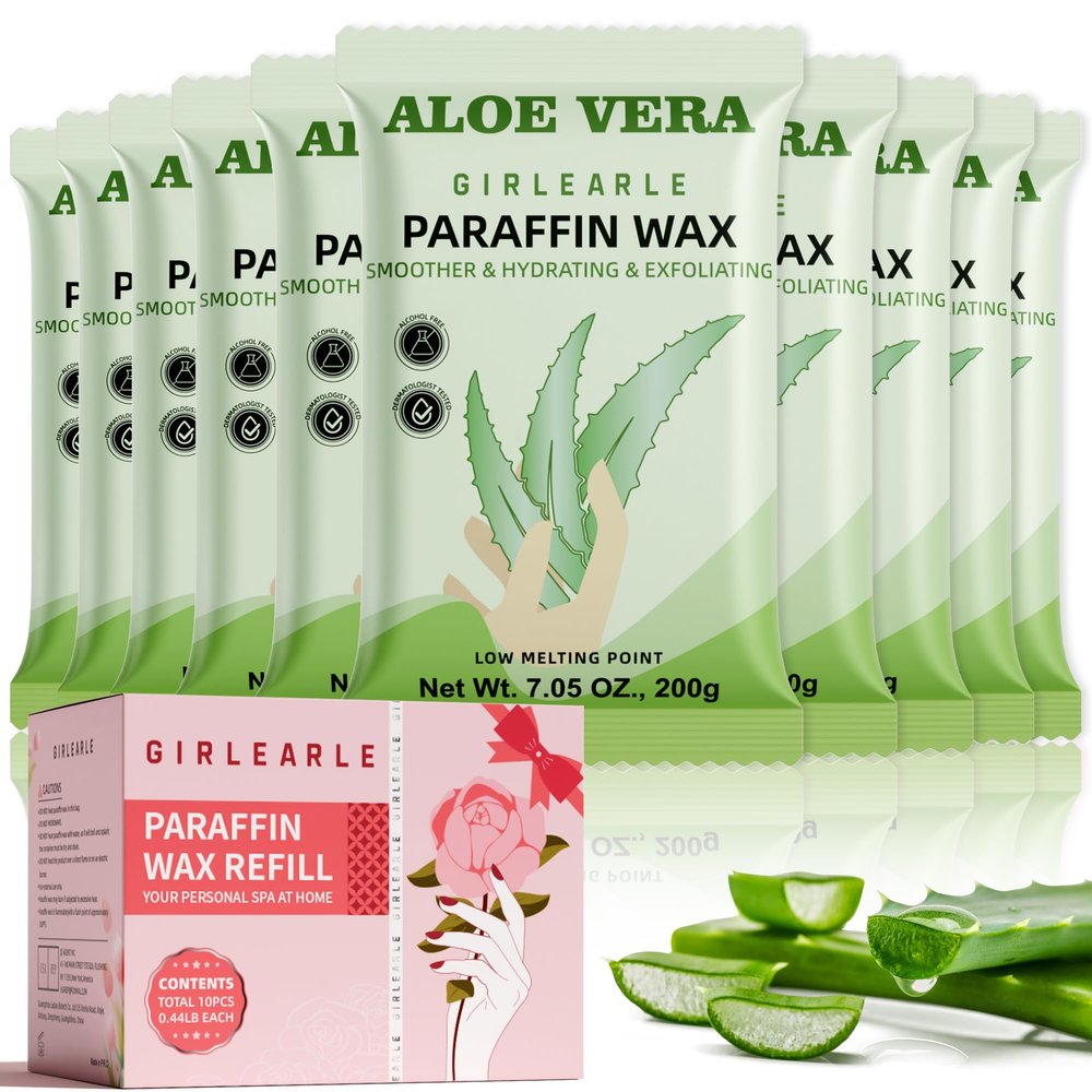 GIRLEARLE Paraffin Wax Refills 10 Packs for Paraffin Wax Bath Machine - for Dry Cracked Skin on Hands, Feet, Elbows - Moisturizing Hydration to Relieve Stiff Muscles & Joints (Aloe vera)