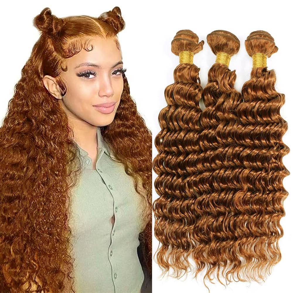 30 Color Bundles Human Hair Light Brown Deep Wave Bundles Brown Curly Human Hair Bundles 20 22 24 Inch Brazilian Virgin Remy Hair Extensions Double Weft For Women 3Pcs/Set