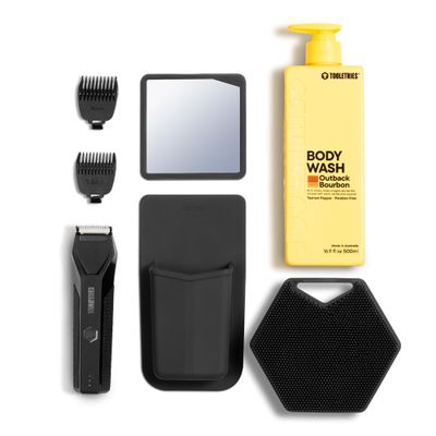 TOOLETRIES Shearer Body Bundle - Grooming Kit for Men with Electric Shaver, Silicone Body Scrubber, and Body Wash