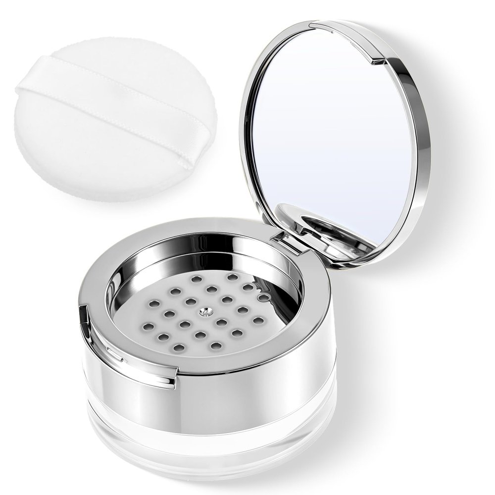 6 G Sliver Loose Powder Containers with Puff, Reusable Plastic Powder Case Empty Makeup Powder Container Mini Powder Compact DIY Makeup Powder Case with Mirror
