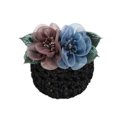 Floral Hair Bun Net with Organza Flowers, Black Crochet Mesh, Pink Decorative Blooms, 2.5 x 1.96 Inch, Women's Hair Accessory (Bean Paste&Blue)