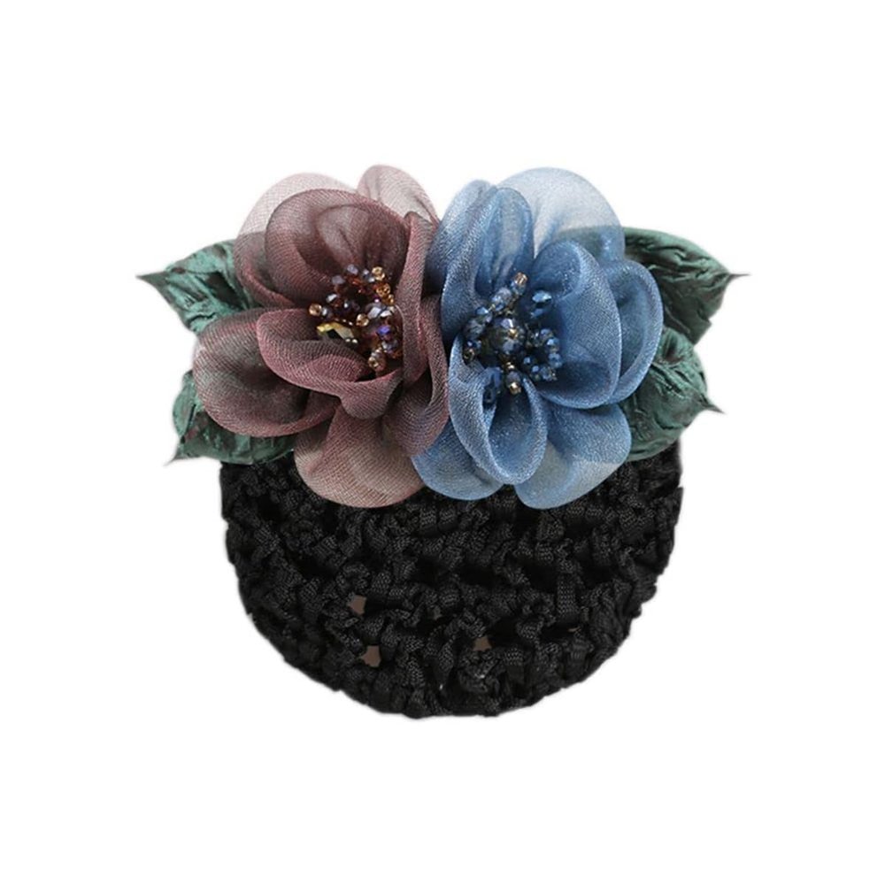Floral Hair Bun Net with Organza Flowers, Black Crochet Mesh, Pink Decorative Blooms, 2.5 x 1.96 Inch, Women's Hair Accessory (Bean Paste&Blue)