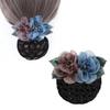Floral Hair Bun Net with Organza Flowers, Black Crochet Mesh, Pink Decorative Blooms, 2.5 x 1.96 Inch, Women's Hair Accessory (Bean Paste&Blue) view 4