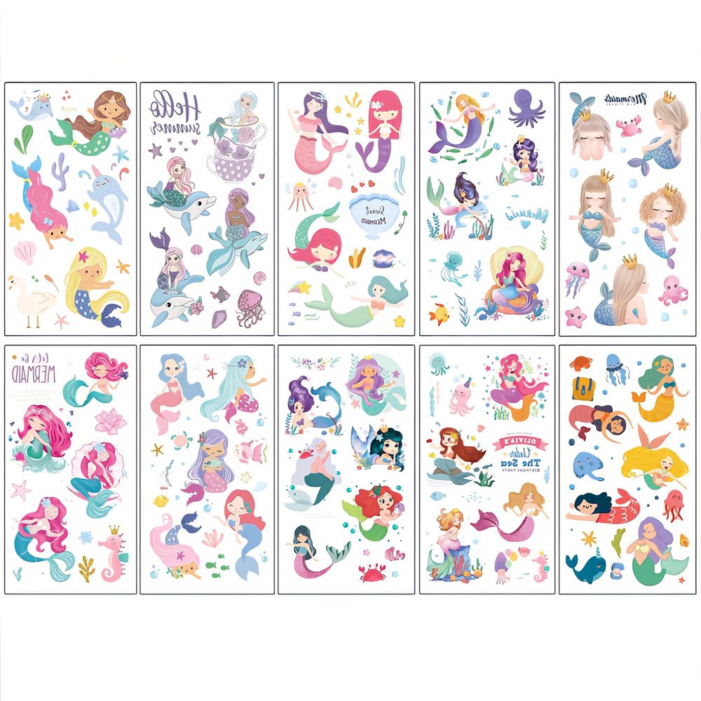 10sheets Cartoon Mermaid Temporary Tattoos,Cute Tattoos sticker for Kids for Birthday Party or School Show,Mermaid DIY Decoration,Temp Tattoos for Kids,