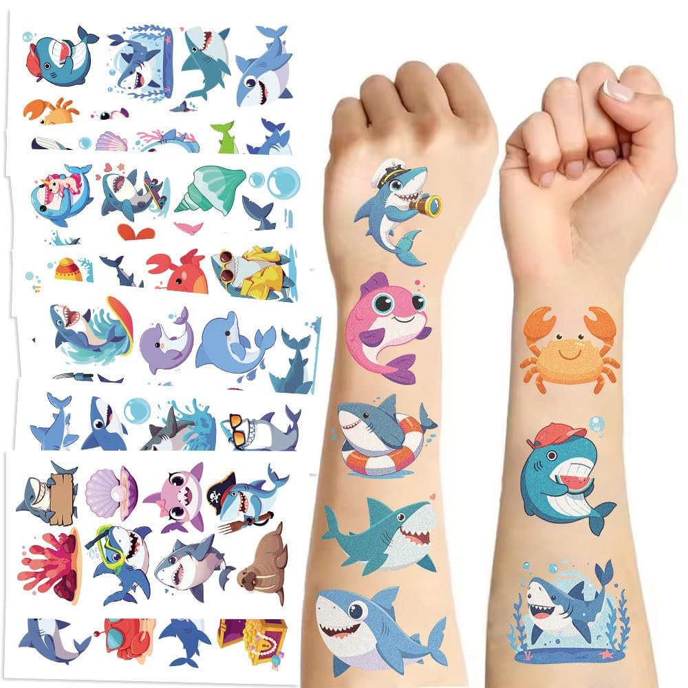 20sheet(160 patterns) Shark Temporary Tattoos,Sea Animal Fish Under The Sea Ocean Birthday Party Decorations Decor Favors Supplies Gifts Boys Girls Cute Fake Tattoo School Reward Themed