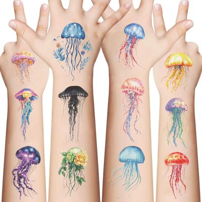 20sheet(106 patterns) Jellyfish Temporary Tattoos, Watercolor Under The Sea Ocean Fake Tattoo Stickers for Woman Kids Birthday Party Favor Decorations Supplies, Hand Arm Shoulder Body Art