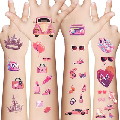 20sheet(120+patterns) Groovy Pink Temporary Tattoos, Pink Birthday Party Favors, Party Decorations Face Tattoo Stickers, Y2K Cute Accessories, Easter Basket Gift (Pink Party)