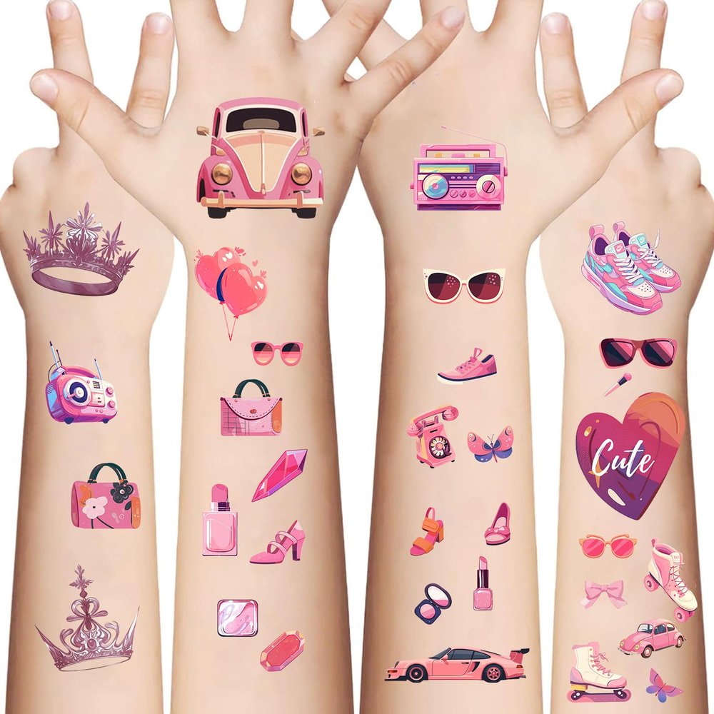 20sheet(120+patterns) Groovy Pink Temporary Tattoos, Pink Birthday Party Favors, Party Decorations Face Tattoo Stickers, Y2K Cute Accessories, Easter Basket Gift (Pink Party)