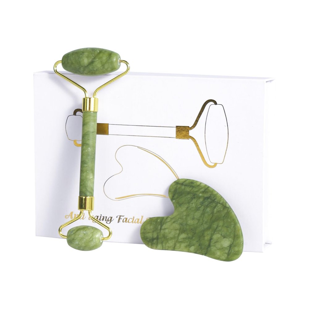 LSXKAMIX Jade Roller Gua Sha Tools - Nature Gua Sha Facial Tool Skin Tightening Face Massager Anti-Aging Jade Face Roller Puffiness Reducing Guasha Stone for Women MenGreen