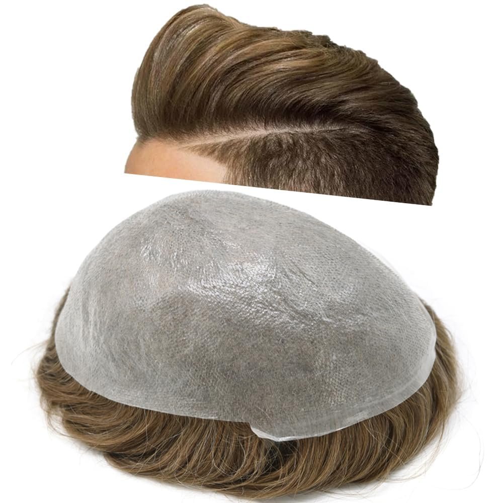 Super Thin Skin Mens Toupee 0.03mm Ultra Thin Skin Hair System For Men Human Hair Black Brown Blonde Gray V-looped Hairpiece 6''x9''90% Light Density,17# Dark Ash Blonde