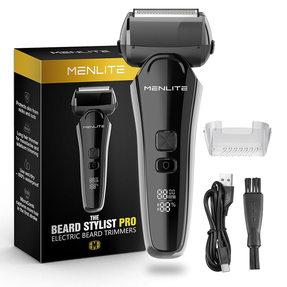 MENLITE Electric Shaver for Men,3 Floating Blade Beard Trimmers,Waterproof Foil Shaver,Cordless Rechargeable with Pop Up Sideburns Trimmer,Portable Mens Travel Facial Hair Groomer