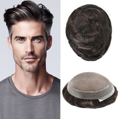 Hair Wonders Hair System For Men Fine Mono Mens Hairpiece Real Human Hair Replacement Systems Poly Skin Mens Toupee Protesis Capilar Hombre 7X9-120% Density 220# 2# DARKEST BROWN+20% GREY