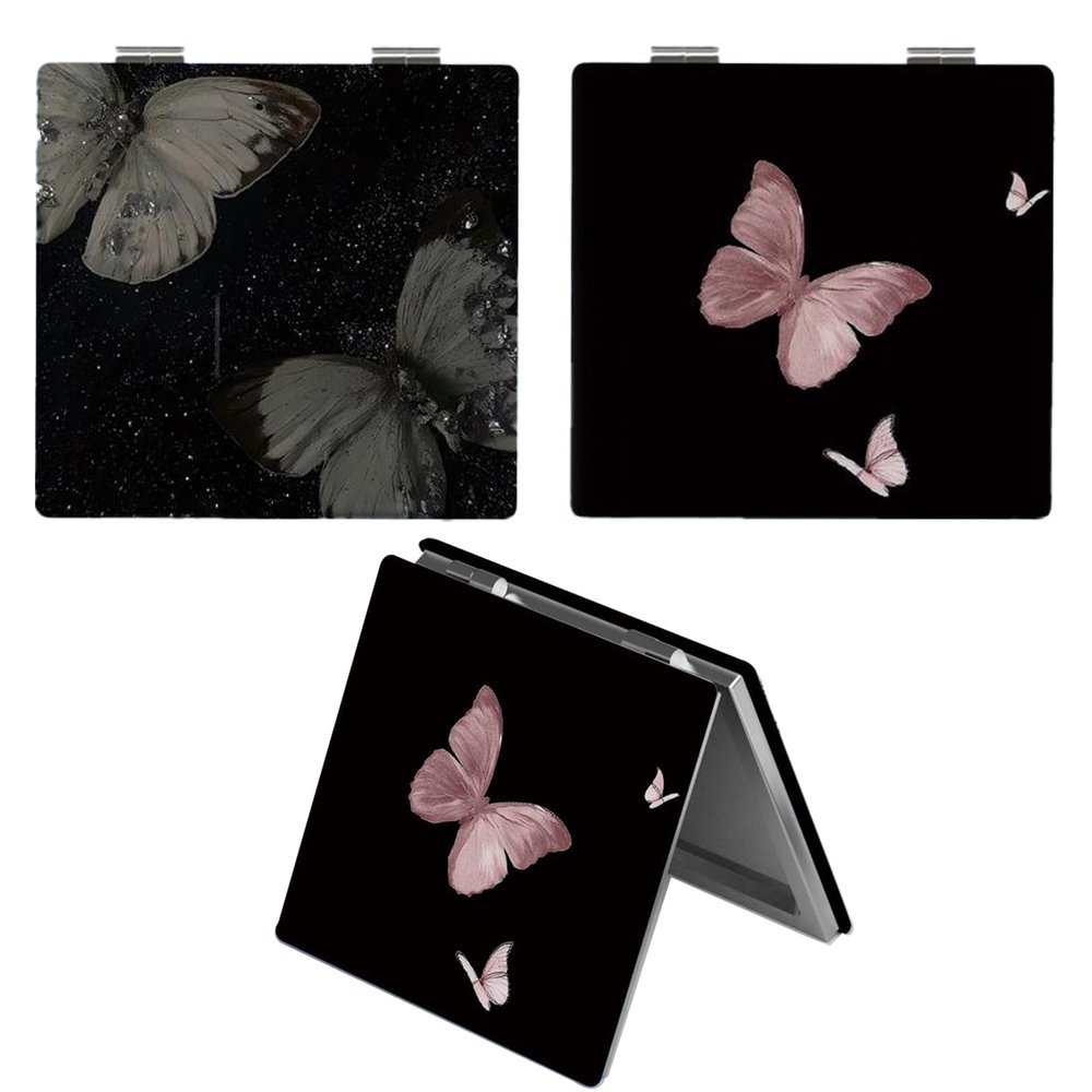 2 Pcs Compact Mirror, 2X Magnification Black Butterfly Double-Sided Patterns Handheld Portable for Handbag Purse Pocket Travel Makeup Mirror, Portable Beauty Mirror, Makeup Tools for Women & Girls