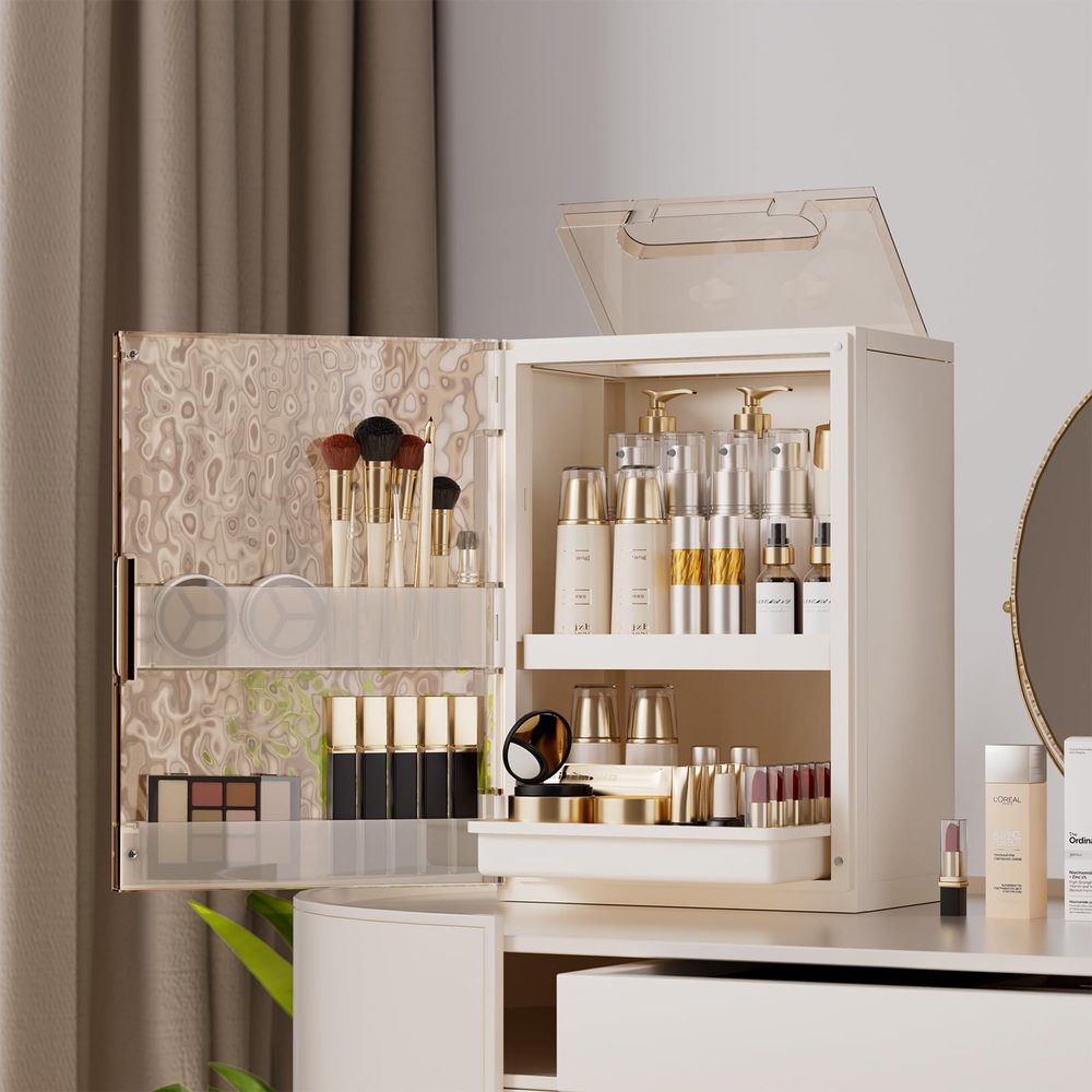 AERCIINC Makeup Organizer with Drawers,Skincare Organizer for Vanity,Large Cosmetic Display Case with Handle,Storage Organizers with Cover and Makeup Brush Holder for Dresser, Bathroom Countertop