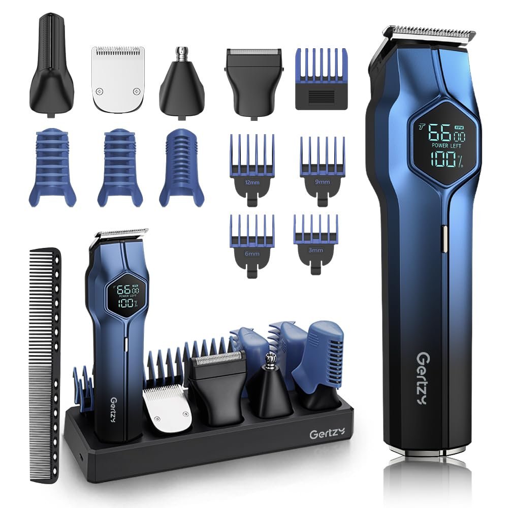 5-in-1 Electric Beard Trimmer Magnetic Replacement Heads, Professional Cordless Hair Clippers for Men Rechargeable, IPX7 Waterproof Grooming Kit for Face, Mustache, Body, Nose, Gifts for Men (Blue)