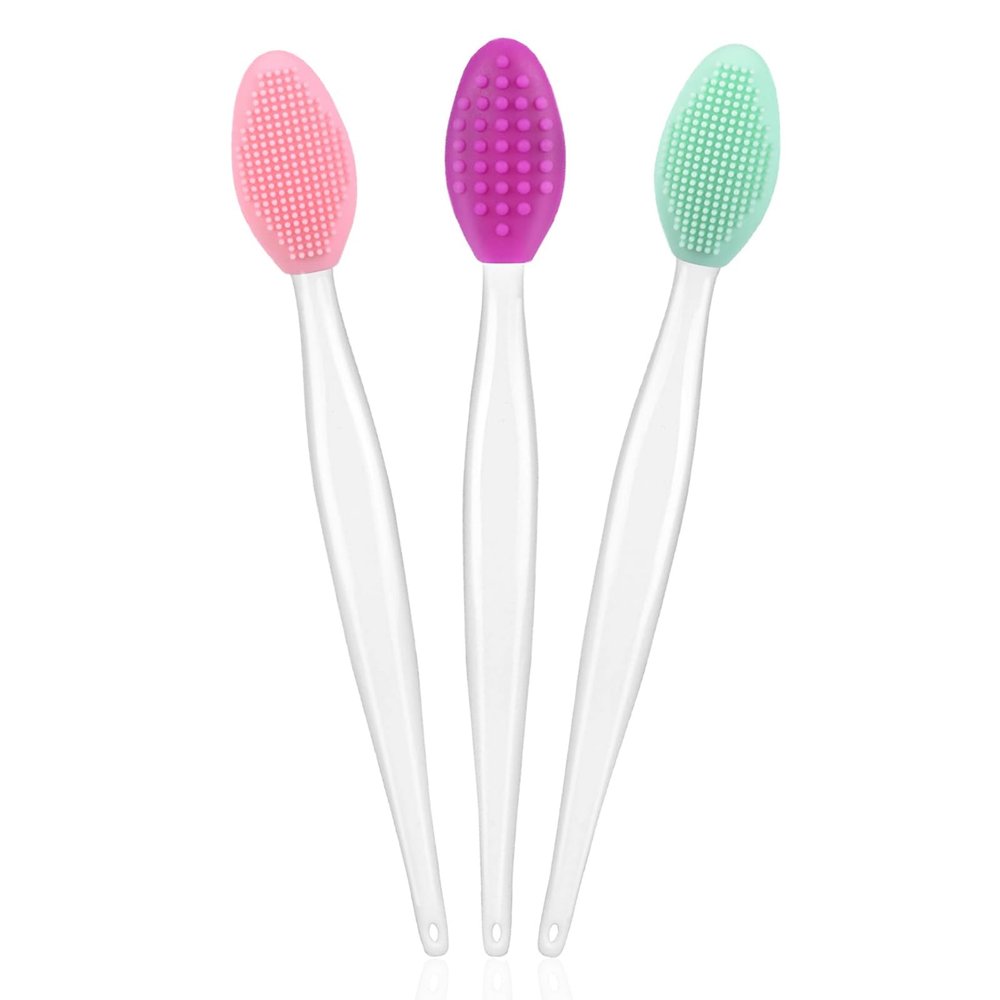 3 Pcs Lip Scrub Brush,Double-Sided Silicone Exfoliating Tool for Dark Lips,Lip Scrubber Exfoliator,Pore Cleaning Brush for Men Women Lip Lightening(Pink+Purple+Green)