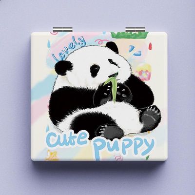 2 Pcs Compact Mirror, 2X Magnifying Glass 2.6x2.8In PU Leather Personalized, Small Mirror for Girls' Pockets Purses & Travel, Gift Box Packaging, Gifts Birthday (Cute Panda Double-Sided Patterns)