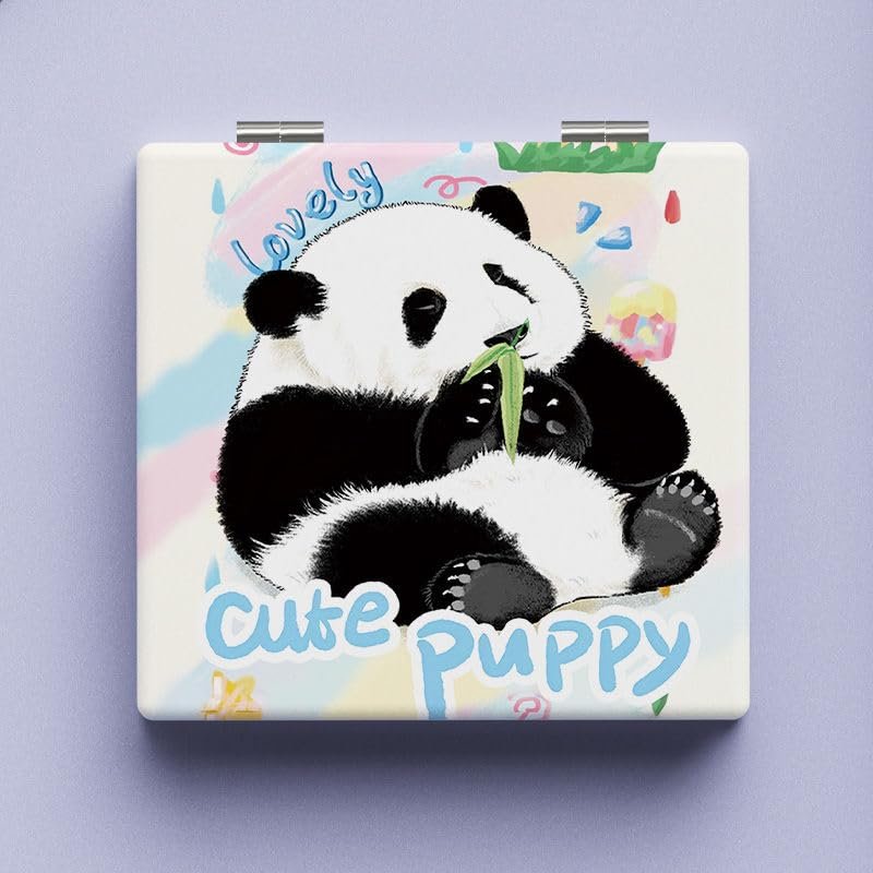 2 Pcs Compact Mirror, 2X Magnifying Glass 2.6x2.8In PU Leather Personalized, Small Mirror for Girls' Pockets Purses & Travel, Gift Box Packaging, Gifts Birthday (Cute Panda Double-Sided Patterns)